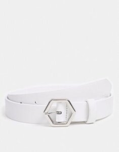 ASOS DESIGN skinny belt in white faux leather with silver hexagon buckle