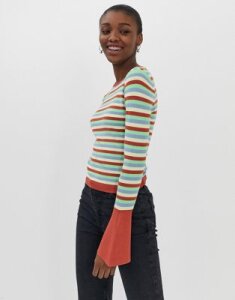 ASOS DESIGN skinny crew neck sweater with flared sleeve in stripe-Multi