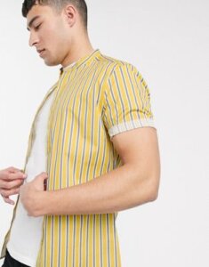 ASOS DESIGN skinny fit stretch stripe shirt with grandad collar in mustard-Yellow