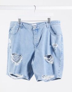 ASOS DESIGN slim denim shorts in light wash with rips-Blue