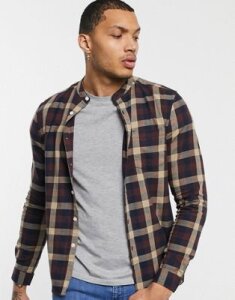 ASOS DESIGN slim fit check shirt with grandad collar in ecru and navy-Brown