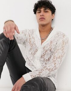 ASOS DESIGN slim fit lace shirt with shawl collar in ivory-Cream