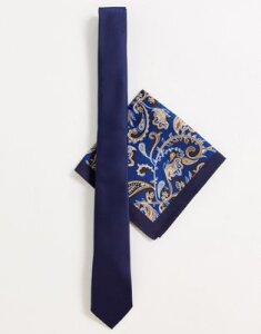 ASOS DESIGN slim tie and pocket square in navy paisley print