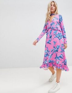ASOS DESIGN Slinky Midi Dress With Choker Neck And Frill Details In Floral Print-Multi
