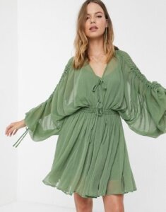 ASOS DESIGN soft tiered mini dress with drawstring waist and sleeves-Green