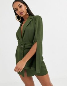 ASOS DESIGN split sleeve wrap waist longline blazer-Green