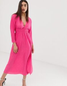 ASOS DESIGN spot plisse elasticated waist maxi dress-Pink