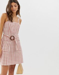 ASOS DESIGN square neck linen mini sundress with wooden buckle & contrast stitch in gingham-Multi