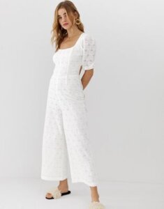 ASOS DESIGN square neck puff sleeve jumpsuit in broderie-White