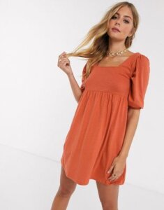ASOS DESIGN square neck puff sleeve smock dress in rust-Yellow