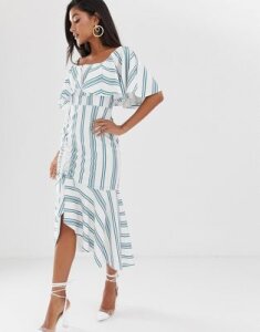 ASOS DESIGN square neck striped midi dress with ruched skirt and pep hem-Multi