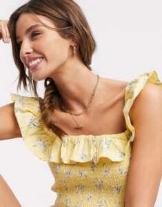 ASOS DESIGN square neck sun top with shirring and ruffle detail in floral print-Multi