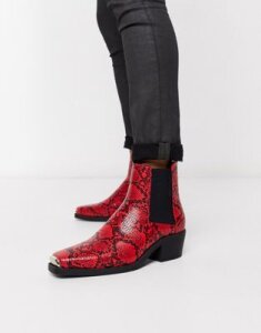 ASOS DESIGN stacked heel western chelsea boots in red snake with metal hardware