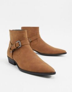 ASOS DESIGN stacked heel western chelsea boots in tan faux suede with strap