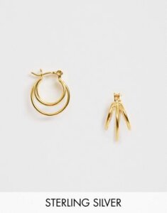 ASOS DESIGN sterling silver with gold plate hoop earrings in fine triple row design