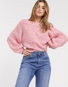 ASOS DESIGN stitch detail chunky bardot sweater in recycled blend-Pink