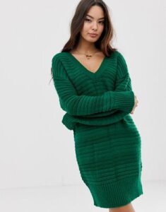 ASOS DESIGN stitch detail knitted mini dress with off shoulder-Green