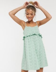 ASOS DESIGN strappy broderie smock dress in sage green-Red