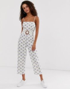 ASOS DESIGN strappy pinny belted jumpsuit in floral print-Multi