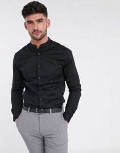 ASOS DESIGN stretch skinny fit shirt in black with grandad collar