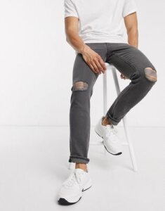 ASOS DESIGN stretch slim denim jean in washed black with knee rips