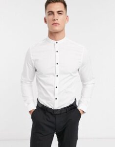 ASOS DESIGN stretch slim shirt in white with grandad collar and contrast buttons