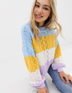 ASOS DESIGN striped open stitch sweater in fluffy yarn-Multi