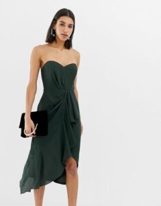 ASOS DESIGN structured bandeau midi dress with drape front-Green