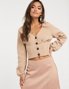 ASOS DESIGN structured knit cardigan with volume sleeve-Stone