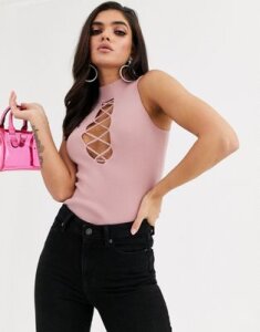 ASOS DESIGN structured knit top with lace up detail-Pink