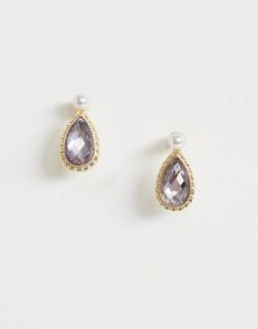 ASOS DESIGN stud earrings with small stone and pearl in gold