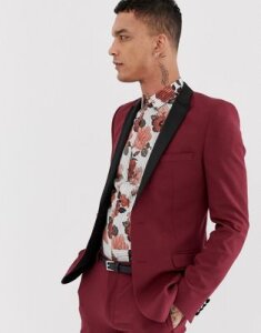 ASOS DESIGN super skinny tuxedo suit jacket in burgundy-Red