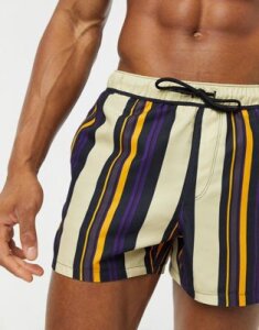 ASOS DESIGN swim shorts in beige stripe short length-Multi