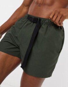 ASOS DESIGN swim shorts in khaki green with buckle fastening