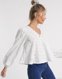 ASOS DESIGN swing top with v neck in broidery with puff sleeve-White