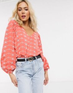 ASOS DESIGN swing top with v neck in contrast broidery with puff sleeve-Orange
