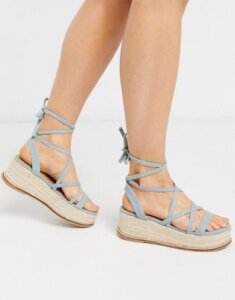 ASOS DESIGN Tabby flatform tie leg sandals in denim-Blue