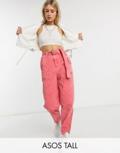 ASOS DESIGN Tall balloon leg worker pant with belt in coral acid wash-Red