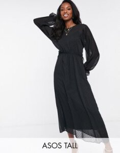 ASOS DESIGN Tall batwing midi dress with drawstring waist in dobby in black