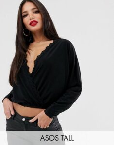 ASOS DESIGN Tall batwing wrap top with lace trim-Black
