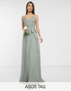ASOS DESIGN Tall Bridesmaid cami maxi dress with ruched bodice and tie waist-Green