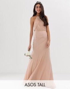ASOS DESIGN Tall Bridesmaid pinny bodice maxi dress with fishtail skirt-Gray
