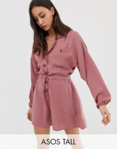 ASOS DESIGN Tall button front slouchy waisted boiler romper-Pink