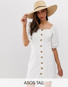 ASOS DESIGN Tall button through broderie tea dress-White