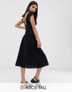 ASOS DESIGN Tall button through open back midi dress with pockets-Black