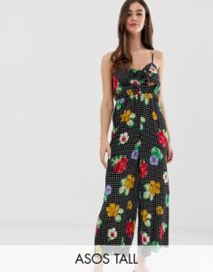 ASOS DESIGN Tall cami jumpsuit with gathered bodice in floral print-Multi