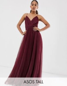 ASOS DESIGN Tall cami pleated tulle maxi dress-Red