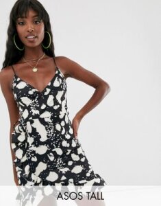 ASOS DESIGN Tall cami wrap mini dress with frill hem in smudge print-Multi