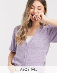 ASOS DESIGN Tall cardigan with puff sleeves in violet-Purple