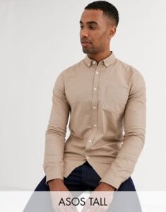 ASOS DESIGN Tall casual skinny oxford shirt in sand-Beige